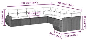 10 pcs conj. sofás jardim com almofadões vime PE cinzento-claro