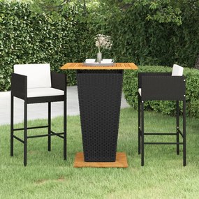 3 pcs conjunto de bar para jardim com almofadões vime PE preto