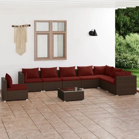 vidaXL 9 pcs conjunto lounge de jardim c/ almofadões vime PE castanho