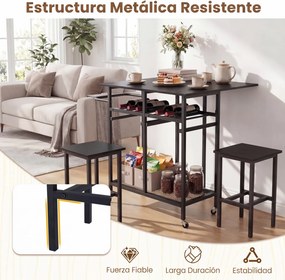 Conjunto de mesa de jantar alta de 3 peças com 2 bancos, suporte para 6 garrafas, estantes e pega lateral, mesa dobrável para cozinha, preta