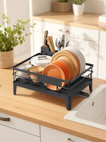 Escorredor de pratos com tabuleiro 31 x 42 x 18,5 cm, escoamento giratório, suporte para talheres preto