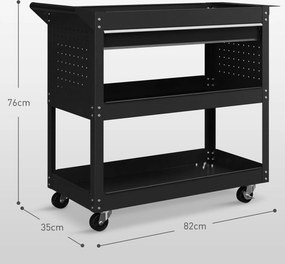 Carrinho de oficina com 3 prateleiras, gaveta, suporte lateral para ferramentas e pega, 82 x 35 x 76 cm, preto