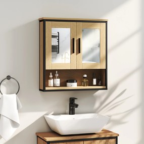 Armário de parede para casa de banho com espelho 56 x 13 x 60 cm, móvel de casa de banho com compartimento aberto e prateleira ajustável, cor carvalho