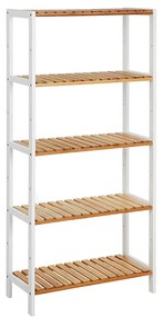 Estante de bambu 5 níveis, prateleiras ajustáveis, 60 x 26 x 130 cm, cor branco/natural