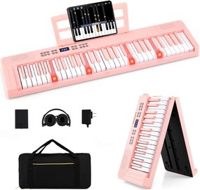 Teclado musical dobrável de 61 teclas, piano eletrónico com fones de ouvido e pedal portátil com bolsa para iniciantes Rosa