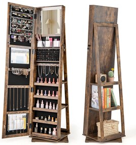 Armário para joias 43 x 38 x 159 cm giratório 360° com espelho de corpo inteiro prateleiras traseiras cor castanho vintage