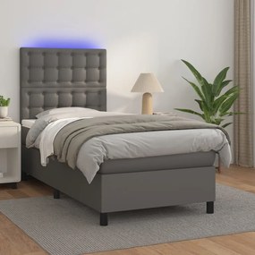 Cama box spring c/ colchão/LED 90x190 cm couro artificial cinza