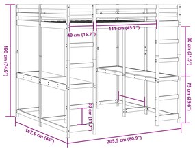 Cama alta c/ secretária e escada 160x200 cm pinho maciço branco