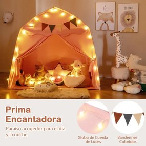 Tenda para crianças 157 x 98 x 148 cm com faixas e luzes de cordas Casa de brincar grande para crianças dos 3 aos 12 anos Rosa