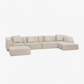 Sofá Modular Chaise Longue Direito De 4 Peças Com Puff Estofado Cardea Chenille Bege Creme - Sklum