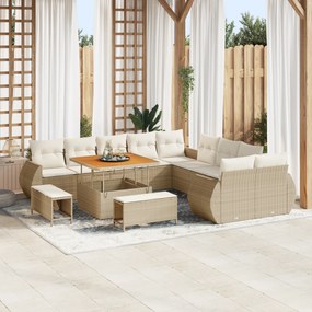 Conjunto de Sofá de Jardim de 13 Peças com Almofadas Bege Rattan Polié
