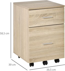 Bloco de Gaveta para Escritório com 2 Compartimentos com Rodas Arquivador Móvel para Arquivos A4 ou Documentos 39,5x39x58,5 cm Carvalho