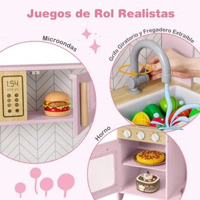 Cozinha de brincar para crianças de madeira 60 x 30 x 85 cm com luzes, sons, micro-ondas, fogão, lava-louças, forno e acessórios Rosa