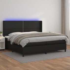 Cama box spring c/ colchão/LED 200x200cm couro artificial preto