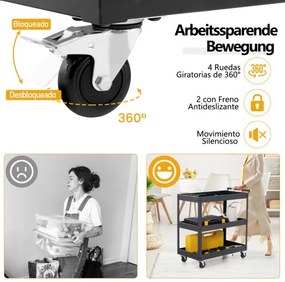 Carrinho de metal multifuncional 77,5 x 38 x 79 cm com 3 prateleiras e pega ergonómica Rodas para escritório ou garagem Preto