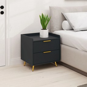 Mesa de cabeceira com 2 gavetas com ranhuras, pés em metal dourado, 50 x 40 x 50 cm, preta