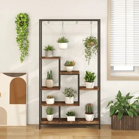 Suporte para plantas alto de 6 níveis Suporte para plantas de 6 níveis Estante de 180 cm com 10 ganchos para pendurar e prateleira de arame para varan