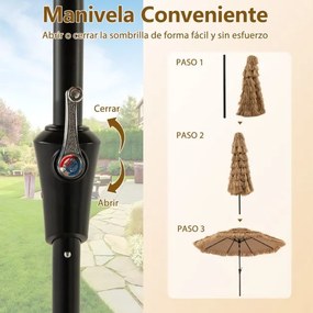 Guarda-sol de 313 cm com luzes LED Estilo havaiano Cabo basculante Palha PE Natural + Preto