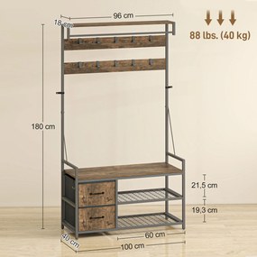 Móvel Cabide de Entrada com Banco 10 Ganchos 2 Gavetas e Barra para Pendurar Estilo Industrial 100x40x180 cm Castanho Rústico