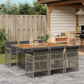 vidaXL 7 pcs conjunto de jantar p/ jardim c/ almofadões vime PE cinza