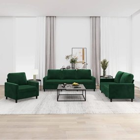 vidaXL 3 pcs conjunto de sofás com almofadões veludo verde-escuro