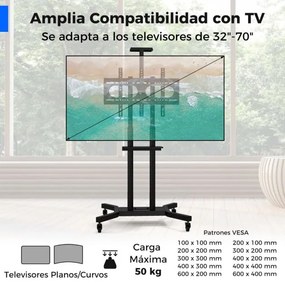 Suporte de chão móvel para televisões de 32-70” ajustável em altura com Estante para câmara 78 x 75 x 150-180 cm Preto