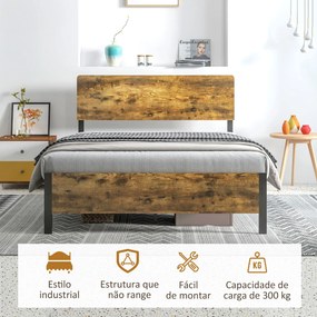 Estrutura de Cama Dupla com Ripas de Aço e Cabeceira de Madeira 149x197x104 cm Castanho Rústico e Preto