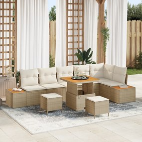 Conjunto de Sofá de Jardim vidaXL com 9 Peças e Almofadas Bege Rattan Acácia