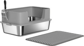 Caixa de areia XL em aço inoxidável, casa de higiene para gatos de grande porte, fácil de limpar, 60,2 x 40,2 x 29,5 cm, cinzenta