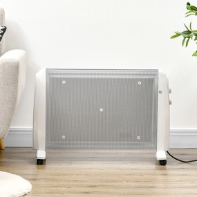 HOMCOM Aquecedor Elétrico 1000W/2000W Aquecedor de Mica com 2 Níveis de Potência Termostato Regulável e 4 Rodas para Ambientes de 15-20 m² Silencioso 79x27x54 cm Branco