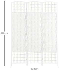 Biombo Separador de Ambientes de 3 Painéis 120x170 cm Divisória de Ambientes Dobrável com Corda de Papel e Estrutura de Madeira Branco