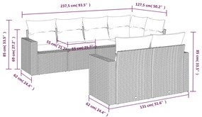 7 pcs conjunto sofás p/ jardim c/ almofadões vime PE cinzento