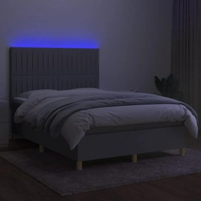 Cama box spring c/ colchão e LED 140x190 cm tecido cinza-claro