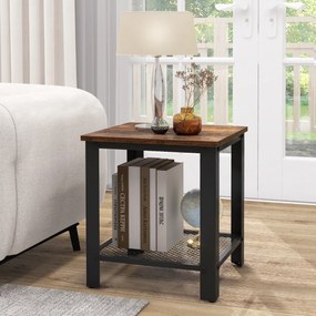 Mesa de apoio, mesa cabeçeira de 2 níveis quadrada com estante de rede Estrutura metálica Mesa de cabeceira com estrutura metálica para sala de estar