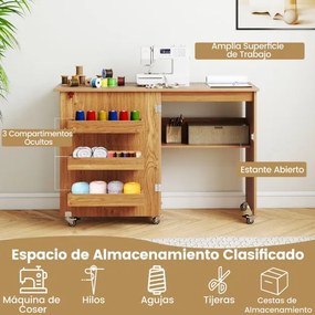 Mesa de costura dobrável com prateleira, 3 compartimentos ocultos e rodas bloqueáveis, 118,5 x 40 x 79,5 cm, natural