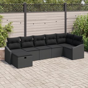 Conjunto de Sofá de Jardim de 7 Peças com Almofadas Preto Vime PE