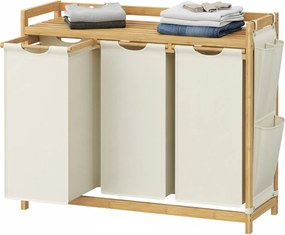 Cesto da roupa suja com 3 compartimentos, bambu 150 L, 93,8 x 33,8 x 78 cm branco