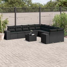11 pcs conjunto sofás de jardim c/ almofadões vime PE preto