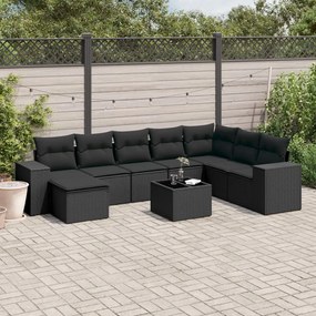 9 pcs conjunto de sofás p/ jardim c/ almofadões vime PE preto