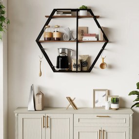 Prateleira hexagonal de parede 80 x 18 x 69,5 cm com 3 níveis flutuantes com ganchos de metal e madeira para quarto, sala de estar, café
