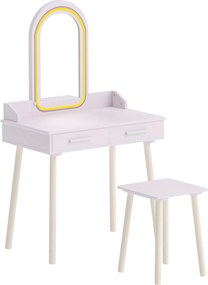AIYAPLAY Toucador Infantil para Menina com Espelho LED de 3 Cores, Banco e 2 Gavetas, 3-8 Anos, Rosa | Aosom Portugal