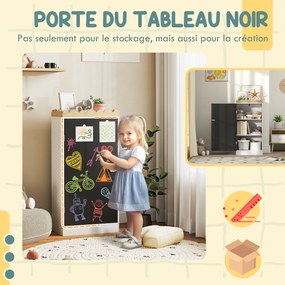 Móvel de arrumação infantil 48 L x 30 P x 100 A cm, arrumação para brinquedos com porta em quadro negro, 3 compartimentos e prateleira superior, branc