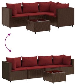 5 pcs conjunto lounge jardim c/ almofadões vime PE castanho