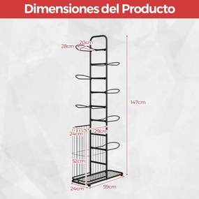 Estante de armazenamento de bolas de 7 níveis Estante de basquetebol com 7 barras de suspensão amovíveis e cesto lateral para bolas