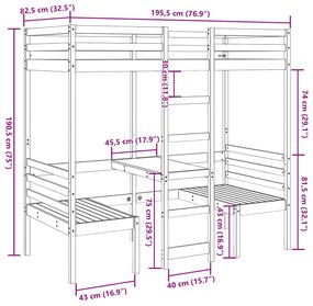 Cama alta c/ secretária/cadeiras 75x190 cm pinho maciço branco