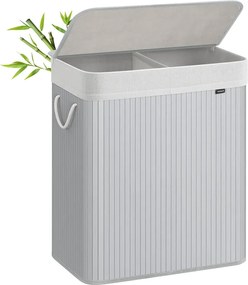 Cesto da roupa suja com 2 compartimentos, 100 L, com tampa, saco de bambu cinzento