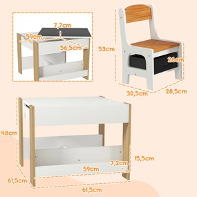 Conjunto de Mesa e 2 Cadeiras Infantis 2 em 1 com Ardósia Gavetas de Tecido e Espaço de Armazenamento para Quarto Cinza, branco e madeira