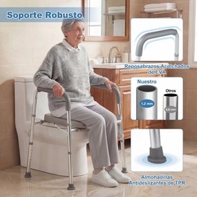 Assento elevatório para sanita para idosos e grávidas, com altura e largura ajustáveis, apoios de braços almofadados e bolso, estrutura em alumínio Pr