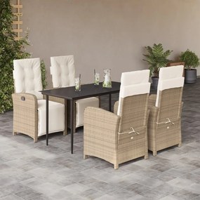 5 pcs conjunto de jantar p/ jardim com almofadões vime PE bege
