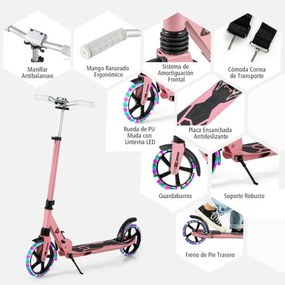 Trotinete dobrável com luzes LED para crianças Guiador com altura ajustável 93 x 43 x 91-106 cm Rosa